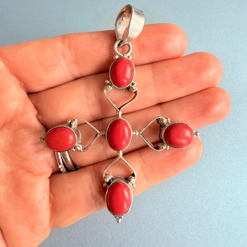 Artisan Large Cross Sterling Silver 925 Heart Red Coral Gemstone 3" Pendant - Picture 5 of 6